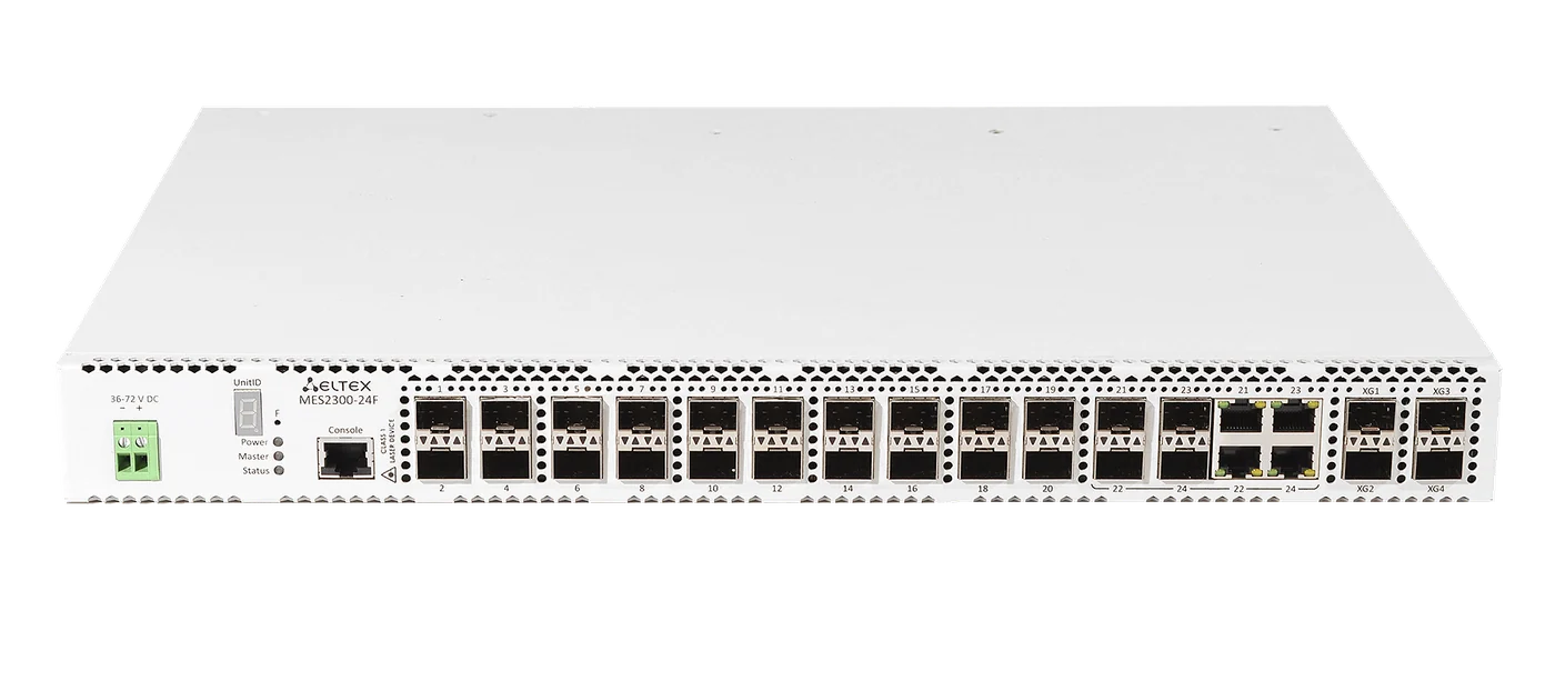 Ethernet-коммутатор MES2300-24F, 20 портов 1000BASE-X/100BASE-FX (SFP), 4 порта 10/100/1000BASE-T/1000BASE-X/100BASE-FX Combo, 4 порта 10GBASE-R (SFP+)/1000BASE-X (SFP), L3, 48V DC