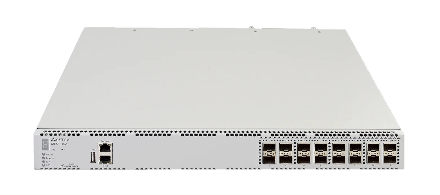 Ethernet-коммутатор MES5316A, 1x10/100/1000BASE-T (ООВ), 16x10GBASE-R (SFP+)/1000BASE-X (SFP), коммутатор L3, 2 слота для модулей питания