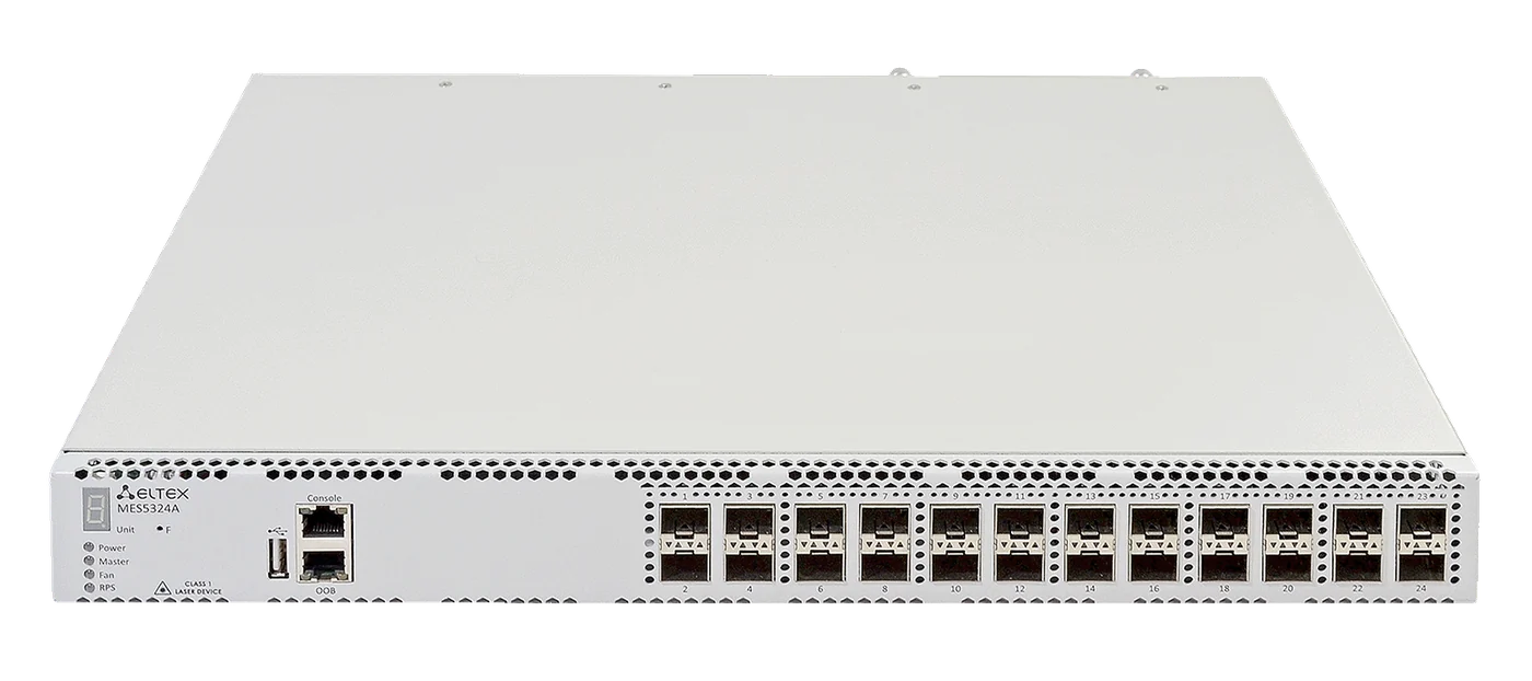 Ethernet-коммутатор MES5324A, 1x10/100/1000BASE-T (ООВ), 24x10GBASE-R (SFP+)/1000BASE-X (SFP), коммутатор L3, 2 слота для модулей питания