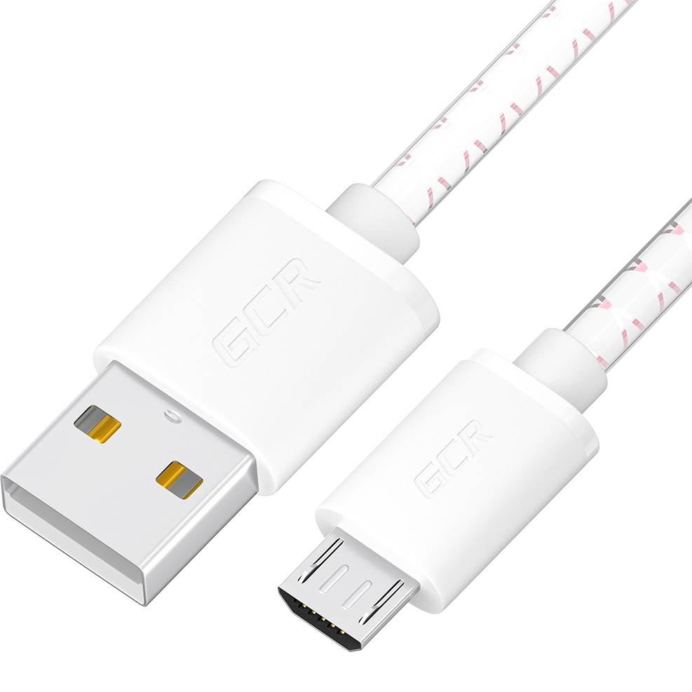 GCR PRO QC Кабель 1.0m MicroUSB, бело-розовый, белые коннекторы, быстрая зарядка, 28/24 AWG, медь