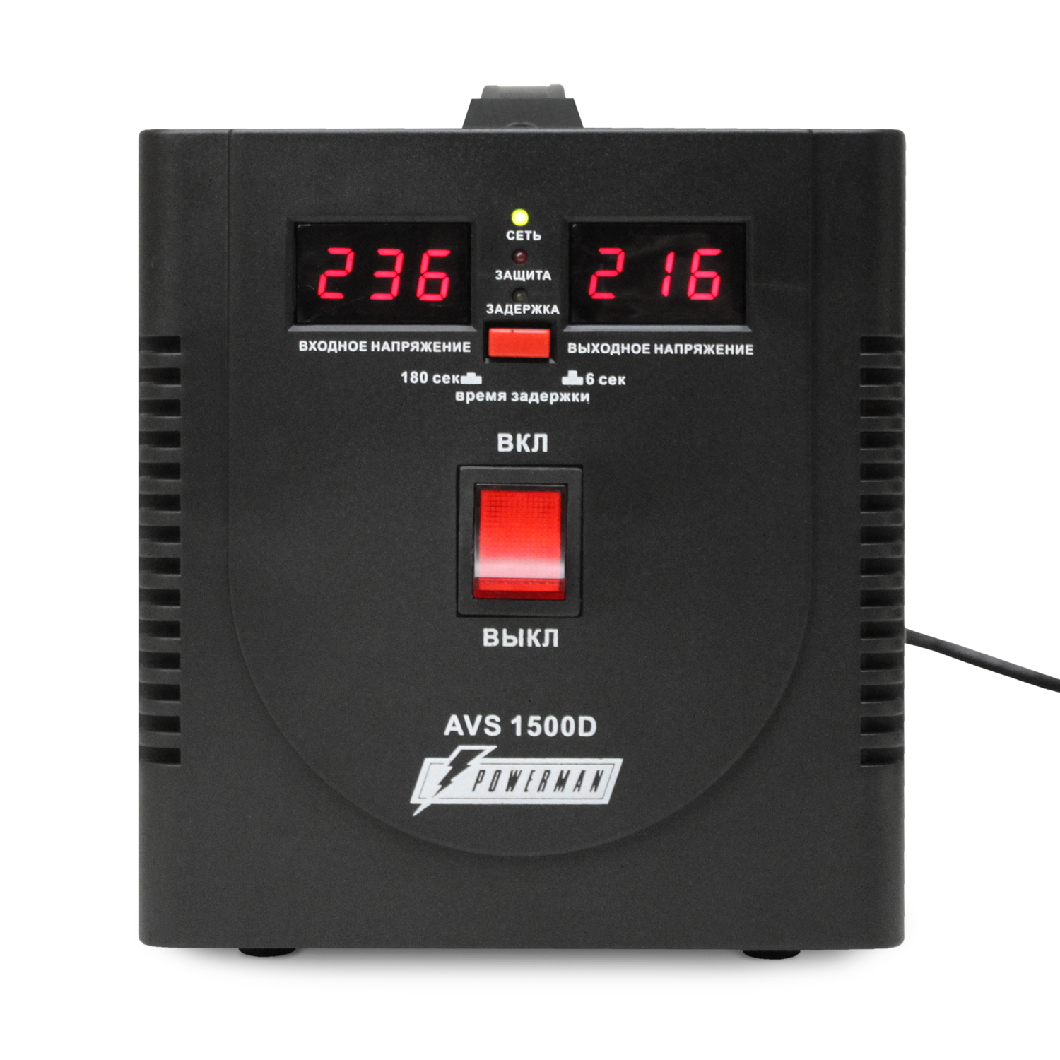 Стабилизатор POWERMAN AVS 1500D, черный, ступенчатый регулятор, цифровые индикаторы уровней напряжения, 1500ВА, 140-260В, максимальный входной ток 10А, 2 евророзетки, IP-20, напольный, 200мм х 160мм х 190мм, 4 кг./ Stabilizer POWERMAN AVS 1500D, black, step-type regulator, digital indicators of voltage levels, 1500VA, 140-260V, maximum input current 10A, 2 eurosockets, IP-20, floor standing, 200mm x 160mm x 190mm, 4kg.