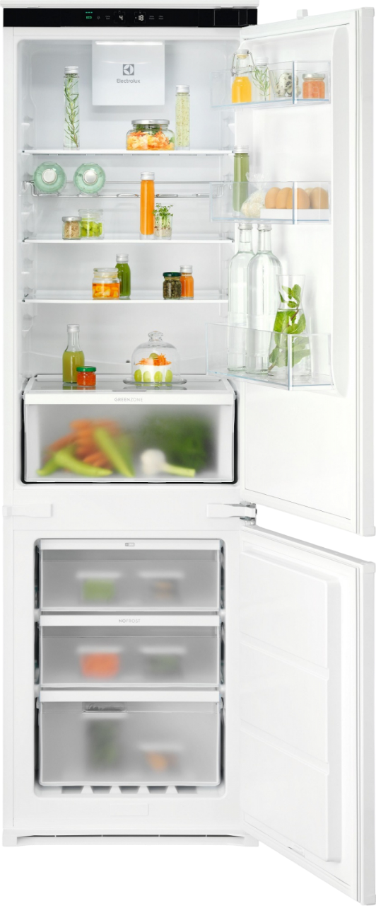 Встраиваемые холодильники ELECTROLUX/ Холодильник комбинированный, встраиваемый, скользящие направляющие,GreenZone TwinTech® No Frost , сенсорное управление, полезный объём: 256 л (194 + 62 л), перенавешиваемые двери, полка для вина, лоток для яиц, 54x54.9x177.2 см, белый