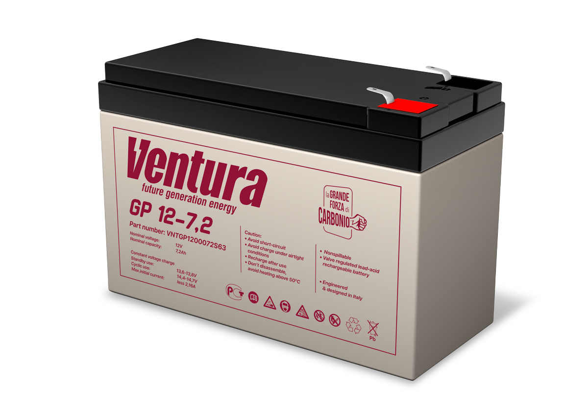 Батарея Ventura серия GP, GP12-7.2, напряжение 12B, емкость 7.2Ач (разряд 20 часов), макс. ток заряда 1.8А, свинцово-кислотная типа AGM, клеммы T2, ДШВ 151х65х100мм, вес 2.15кг/ Ventura battery GP series, GP12-7.2, voltage 12V, capacity 7.2Ah (discharge 20 hours), max. charging current 1.8A, lead-acid type AGM, terminals T2, LxWxH 151x65x100mm, weight 2.15kg