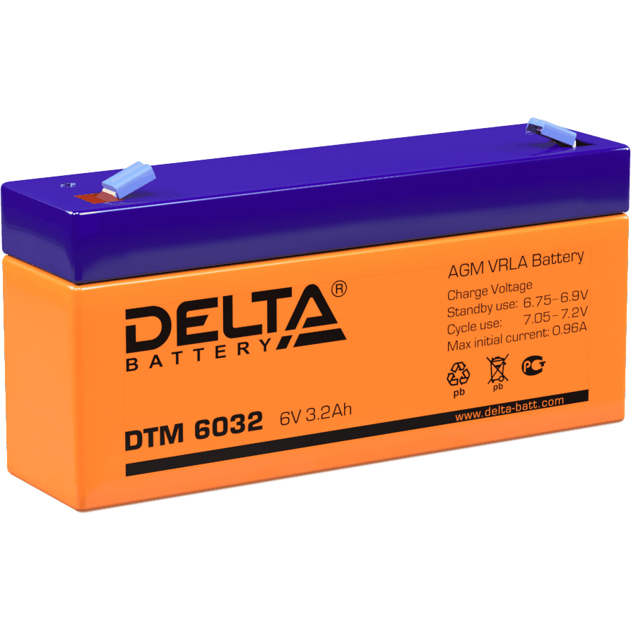 Батарея DELTA серия DTM, DTM 6032, напряжение 6В, емкость 3.2Ач (разряд 20 часов), макс. ток разряда (5 сек.) 48А, макс. ток заряда 0.93А, свинцово-кислотная типа AGM, клеммы F1, ДxШxВ 134х34х61мм., вес 0.65кг., срок службы 6 лет./ Battery DELTA series DTM, DTM 6032, voltage 6V, capacity 3.2Ah (discharge 20 hours), max. discharge current (5 sec.) 48A, max. charge current 0.93A, lead-acid type AGM, terminals F1, LxWxH 134x34x61mm., weight 0.65kg., service life 6 years.