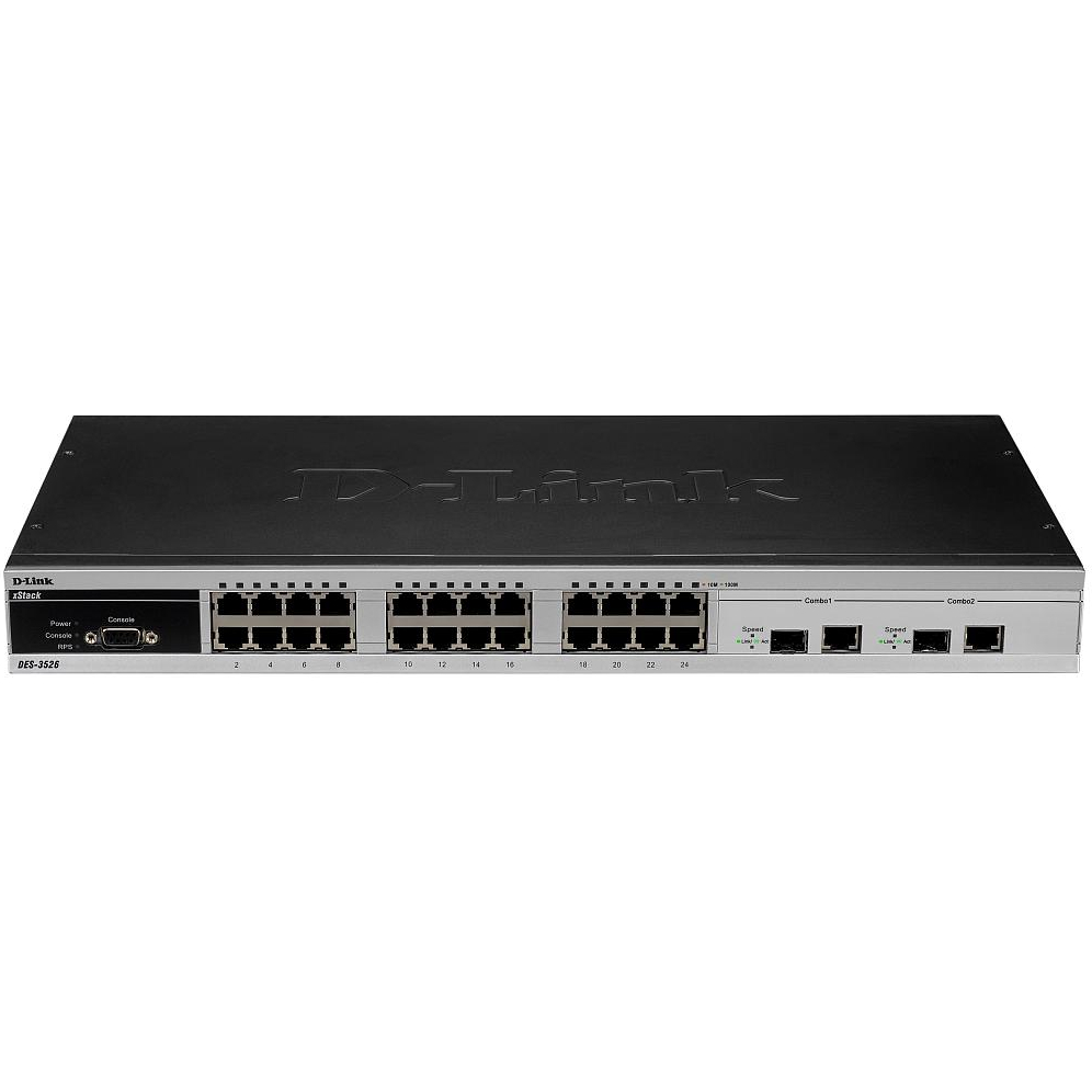 D-Link DES-3526_RFB/A22 Восстановленный в производственных условиях управляемый коммутатор 2 уровня с 24 портами 10/100Base-TX, 2 комбо-портами 1000Base-T/SFP (H/W А2).