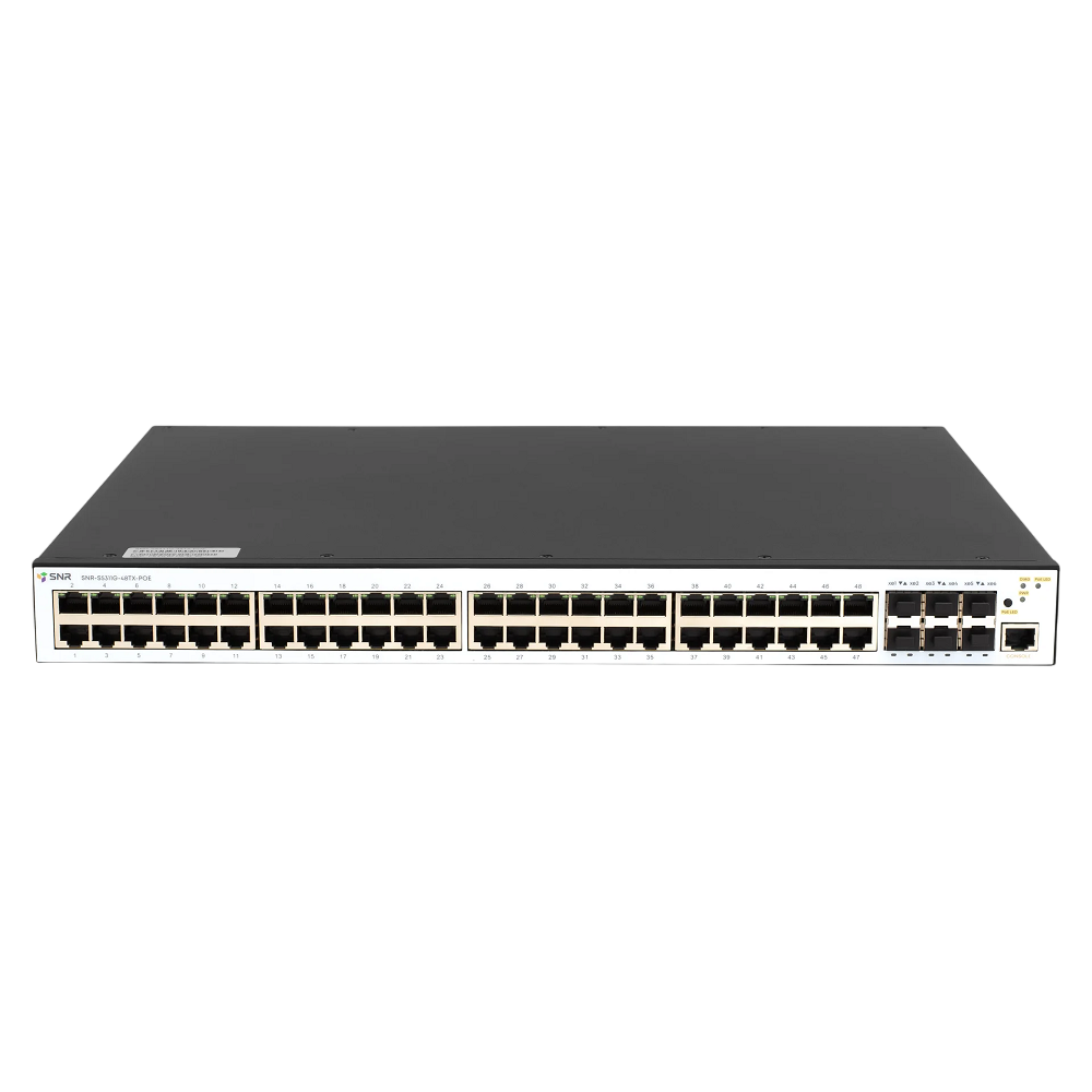 SNR SNR-S5311G-48TX-POE Управляемый PoE коммутатор уровня 2+, 48 портов 10/100/1000Base-T, 6 портов 1/10G SFP+, бюджет PoE 380/760 Вт в зависимости от кол-ва установленных блоков питания. 2 слота БП