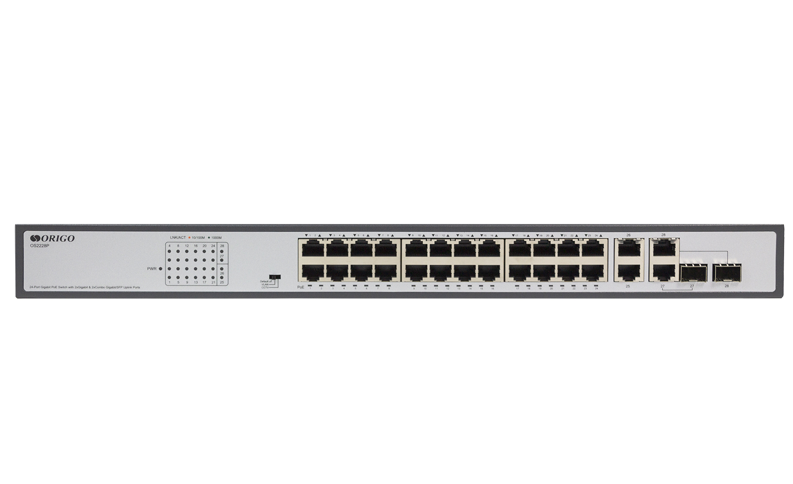 ORIGO OS2228P/370W/B1A Конфигурируемый PoE-коммутатор 24x1000Base-T PoE+, 2x1000Base-T, 2x1000Base-X SFP, PoE-бюджет 370 Вт, DIP-переключатель