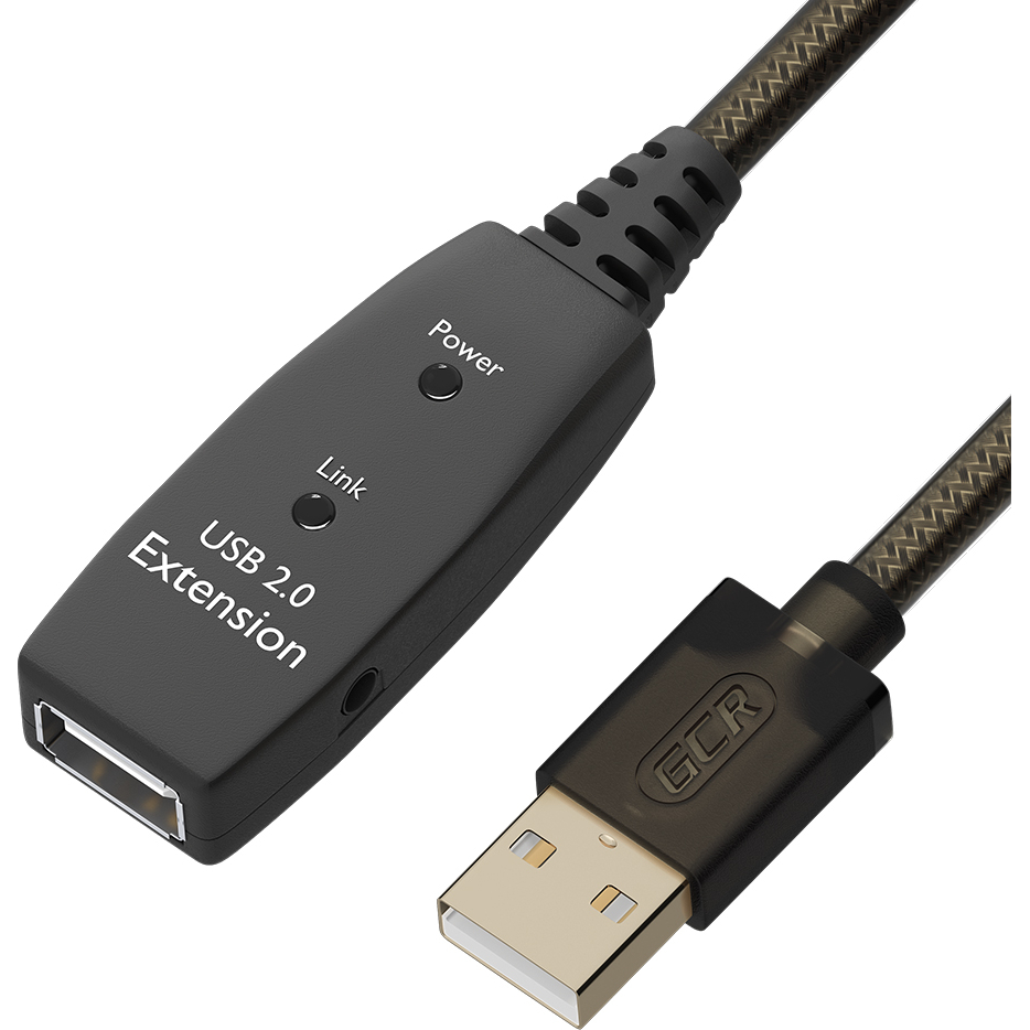 GCR PRO Удлинитель активный 3.0m USB 2.0, AM/AF, GOLD, черно-прозрачный, медь, с усилителем сигнала, разъём для доп.питания, 28/24 AWG