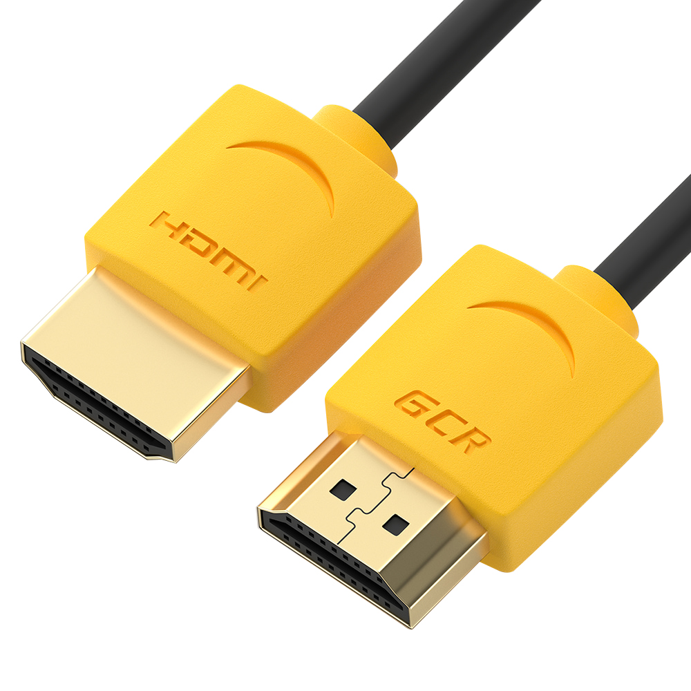 GCR Кабель SLIM 1.0m HDMI 2.0, черный, желтые коннекторы, медь, экран, HDR 4:4:4, Ultra HD, 4K 60 fps 60Hz, 3D, AUDIO, 18.0 Гбит/с