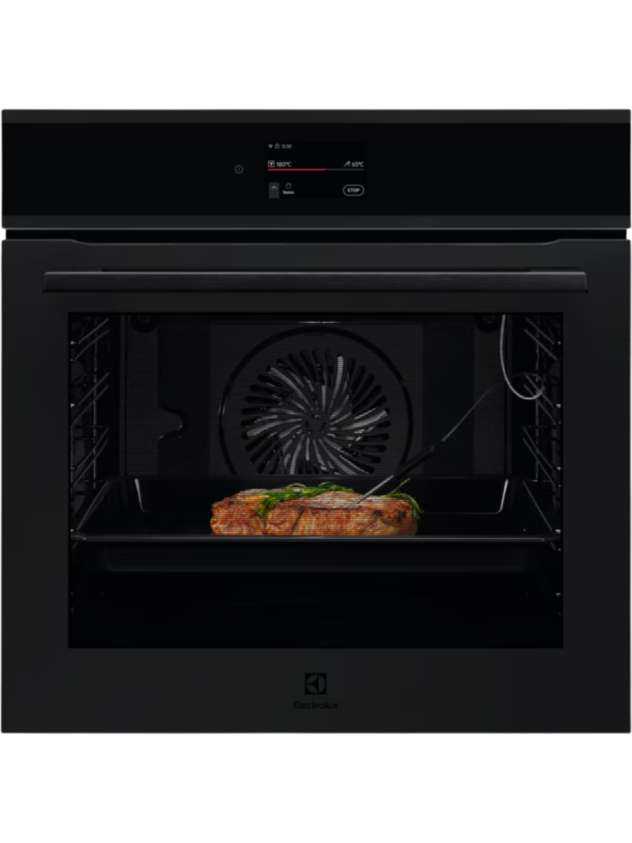 Встраиваемый духовой шкаф ELECTROLUX/ электрический с конвекцией, объем 72 л, 17 режимов, очистка паровая, 3 стекла в дверце, направляющие проволочные + телескопические (1 уровень),черное стекло и черный матовый,термозонд