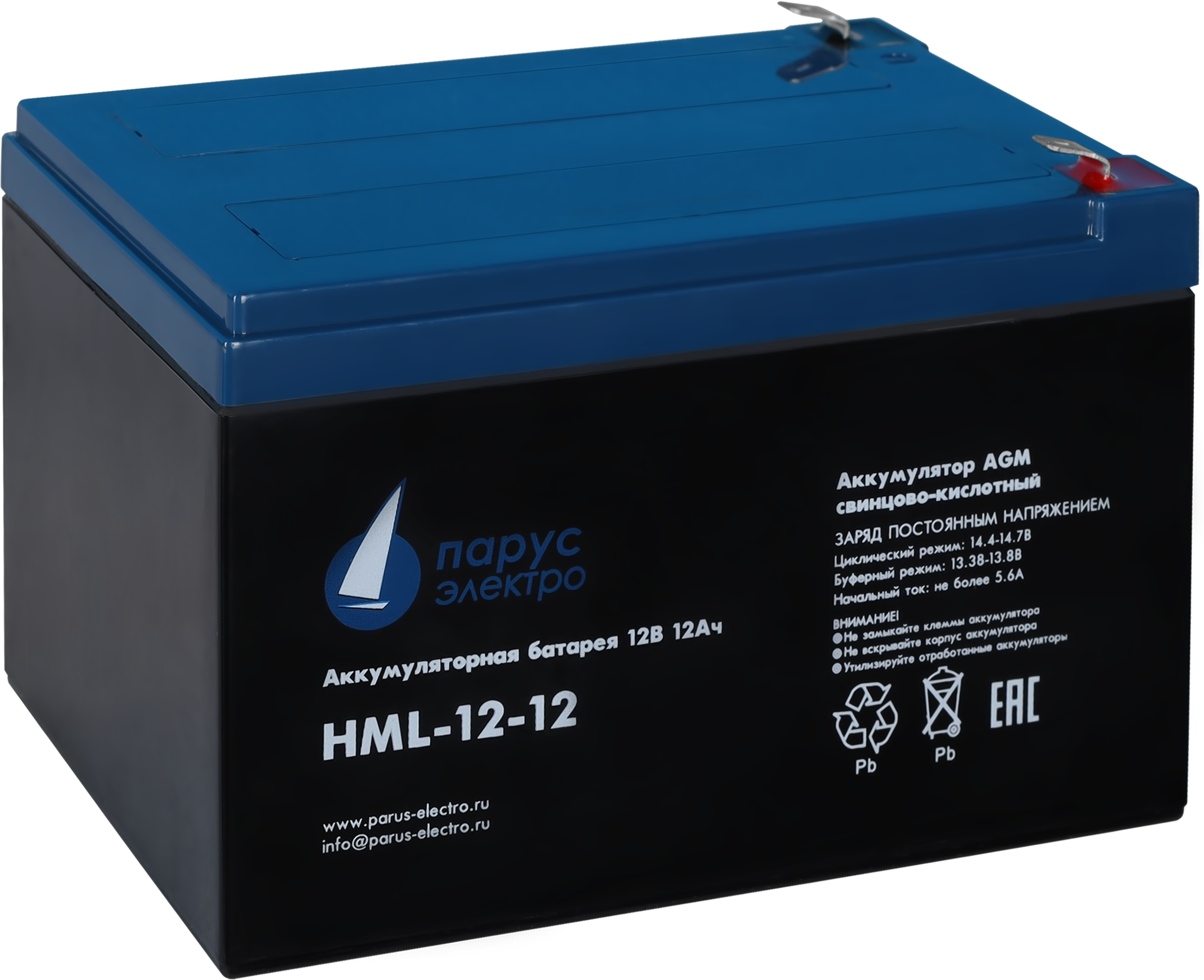 Battery Parus Electro, professional series HML-12-12, voltage 12V, capacity 12Ah (discharge 20 hours), max. discharge current (5sec) 180A, max. charge current 4.8A, lead-acid type AGM, terminals F2, LxWxH 151x98x95mm., full height with terminals 101mm., weight 4kg., service life 12 years.