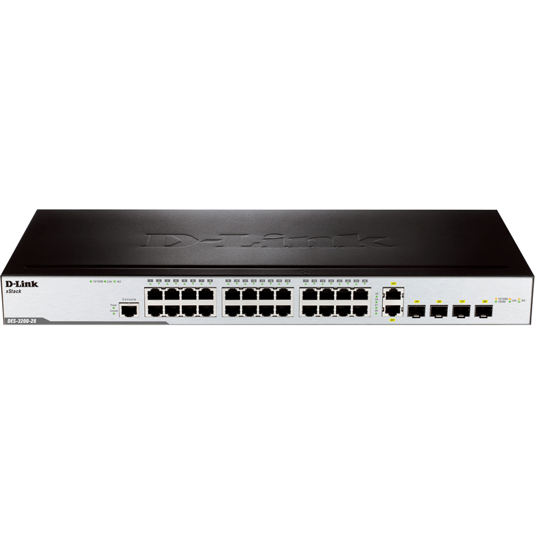 D-Link DES-3200-28/C1A Управляемый L2 коммутатор с 24 портами 10/100Base-TX, 2 портами 100/1000Base-X SFP и 2 комбо-портами 100/1000Base-T/SFP