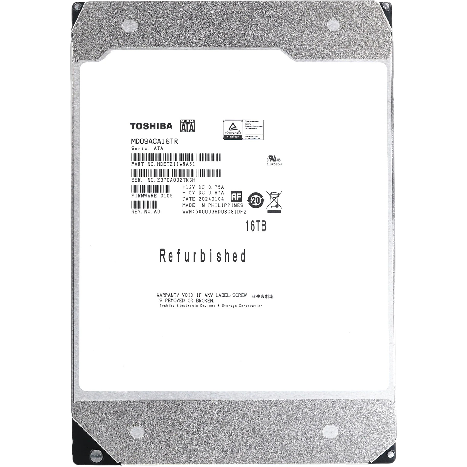 Жесткий диск/ HDD Toshiba MD09 SATA3 16Tb 3.5" 7200 512Mb OFFICIAL RECERTIFIED 1 year warranty (replacement MG08ACA16TE, ST16000NM000J, ST16000NM001G, MG11ACA16TE, MG09ACA16TE, WUH721816ALE6L4)