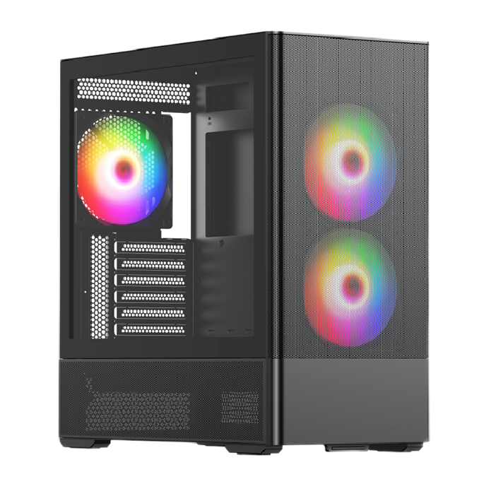 Корпус без блока питания/ Case HSPD M712, Mesh Mid Tower, Black, TG, 0.6 SPCC, 3x140mm ARGB, E-ATX, ATX, mATX, mITX, 175/410/160mm, 2x2.5", 2x3.5", 7xPCI, 2xUSB-A 3.0, 476x225x455mm