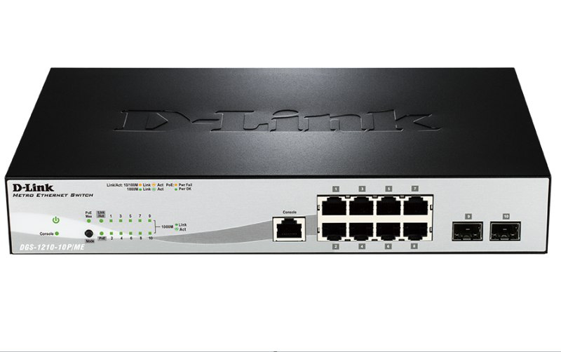 D-Link DGS-1210-10P/ME/A1A Управляемый L2 коммутатор с 8 портами 10/100/1000Base-T и 2 портами 1000Base-X SFP (8 портов PoE 802.3af/at, PoE-бюджет 78 Вт)