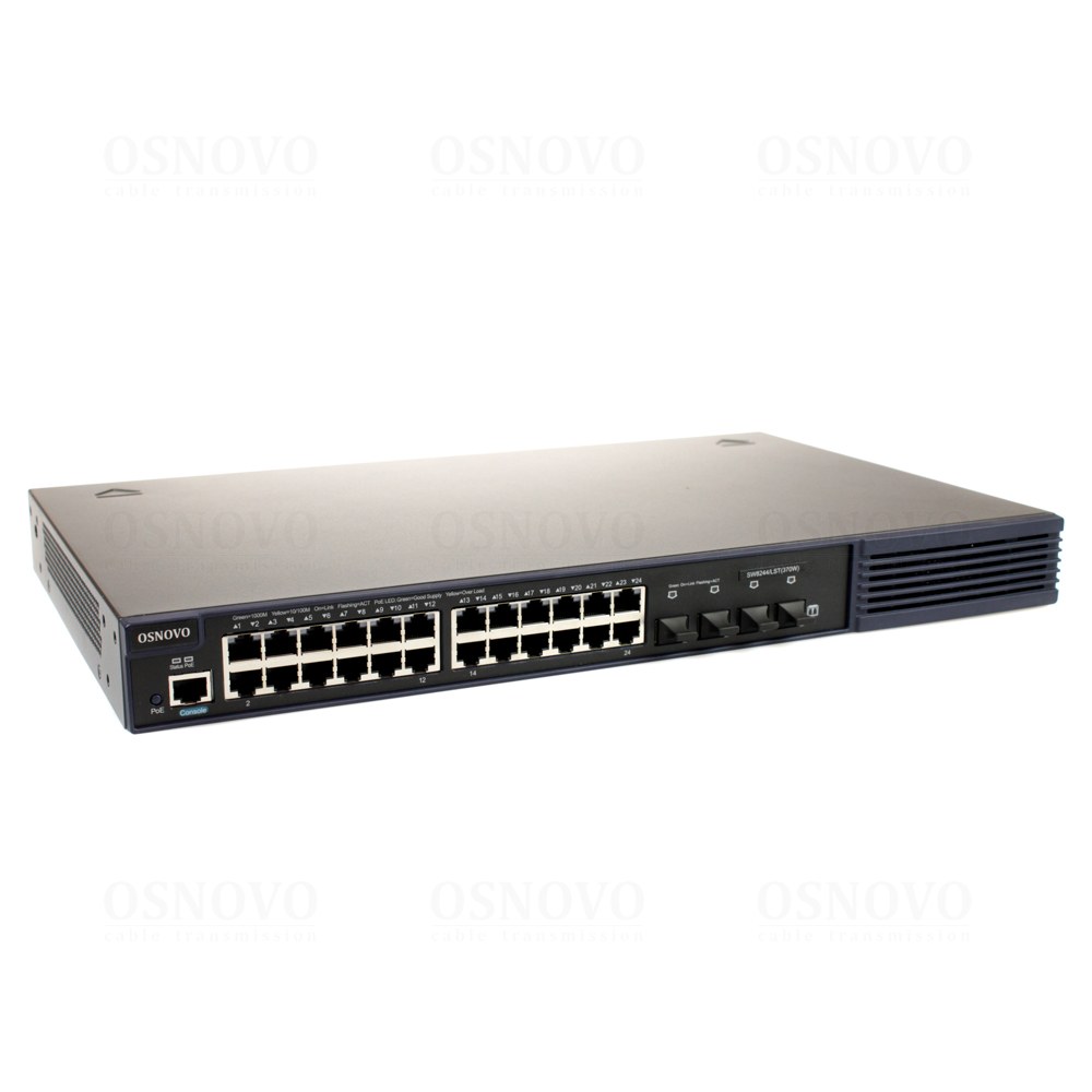 Коммутатор/ SW-8244/LST(370W) Управляемый L2+ стекируемый PoE коммутатор Gigabit Ethernet на 24 RJ45 PoE + 4 x SFP uplink порта. Порты: 4 x GE (10/100/1000Base-T) с PoE (до 60W) + 20 x GE (10/100/1000Base-T) с PoE (до 30W), 4 x GE SFP. Соответствует стандартам PoE IEEE 802.3af/at/bt. Автоматическое определение PoE устройств. Суммарная мощность PoE до 370W. Встроенная грозозащита коммуникационных портов 6kV на порт. Питание: AC100-240V (460W). Встроенный БП. Монтаж в 19 - дюймовую стойку, креплен