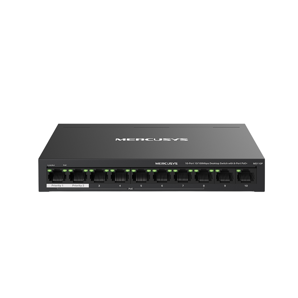 Mercusys MS110P Настольный коммутатор с 10 портами 10/100 Мбит/с (8 портов PoE+)