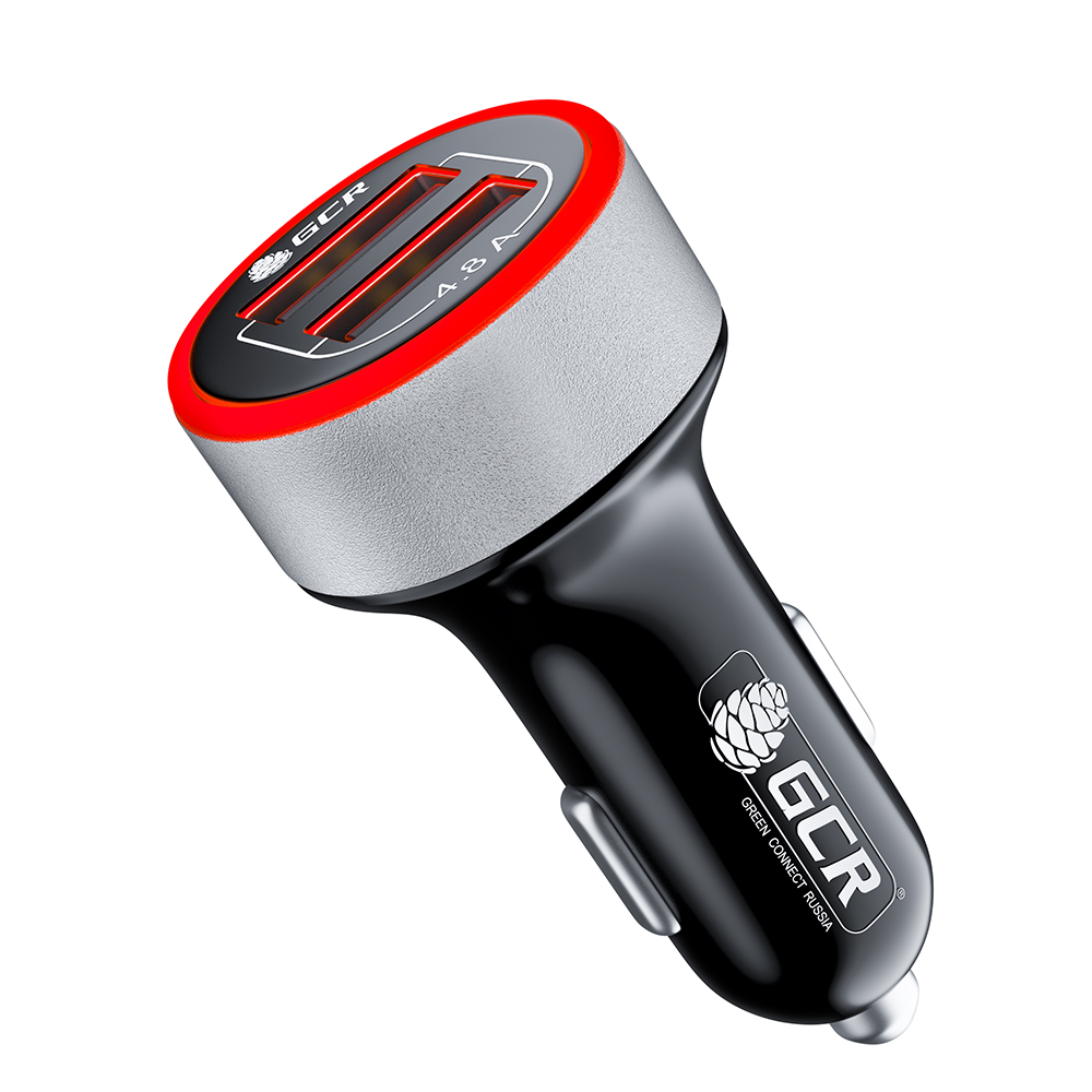 GCR Автомобильное зарядное устройство на 2 USB порта 4.8A, черное, LED индикация красная