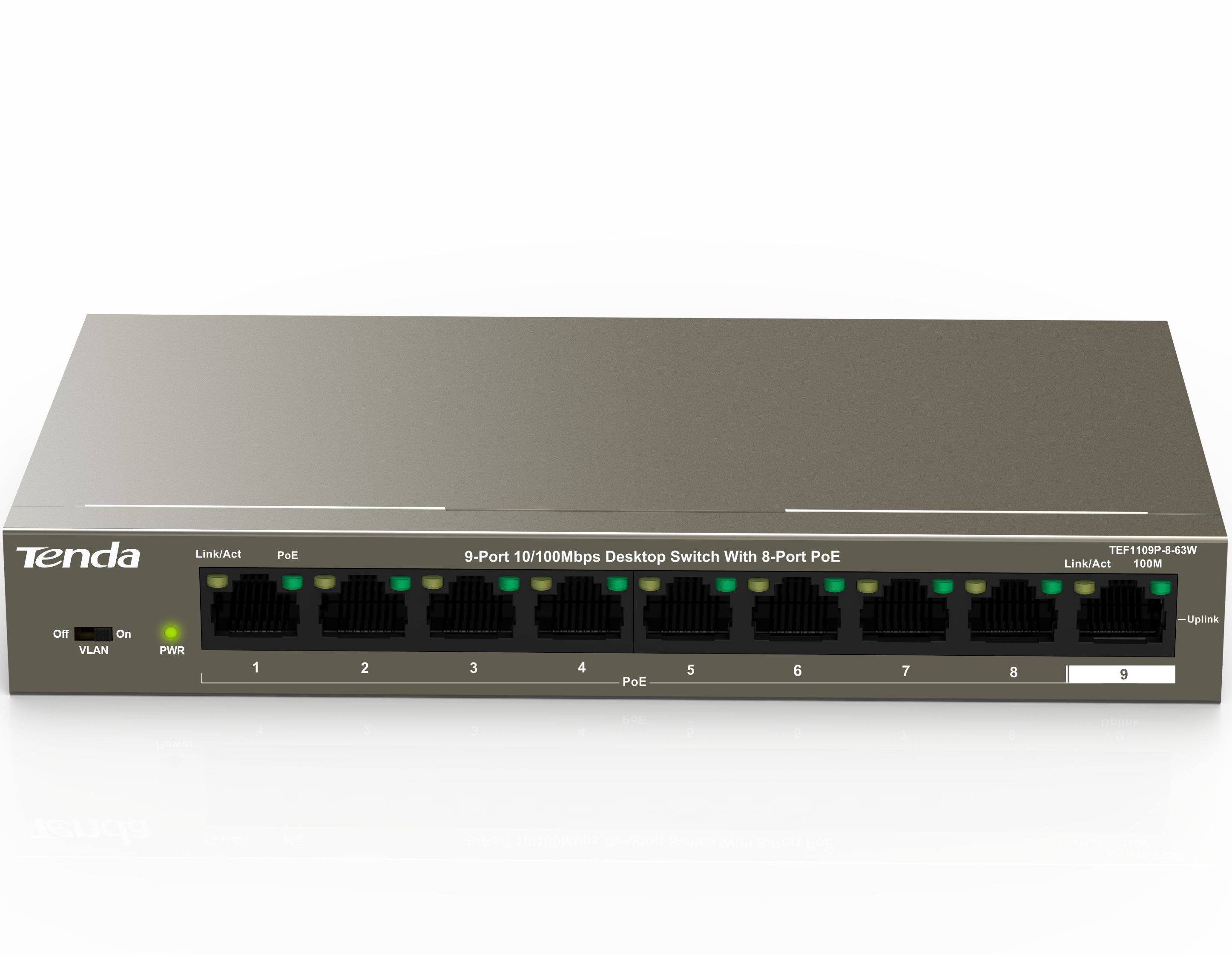 TENDA TEF1109P-8-63W Коммутатор настольный 9-Ports 10/100 Base-TX 8-Ports PoE(PoE бюджет 58W)