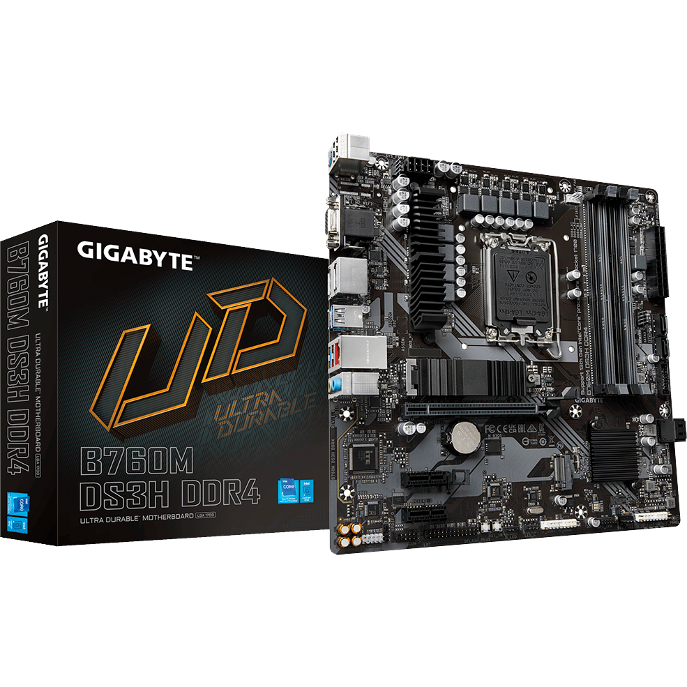 Gigabyte B760M DS3H DDR4 {Socket 1700, Intel®B760, 4xDDR4-3200, D-SUB+HDMI+DP+DP, 1xPCI-Ex16, 2xPCI-Ex1, 4xSATA3(RAID 0/1/5/10), 2xM.2, 8Ch Audio, 2,5GbLan, (2+4)xUSB2.0, (3+2)xUSB3.2, (1+0)xUSB3.2}