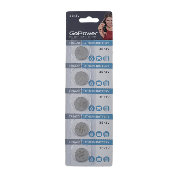 Батарейка CR1620/ Батарейка GoPower CR1620 BL5 Lithium 3V (5/100/2000) (5 шт.)