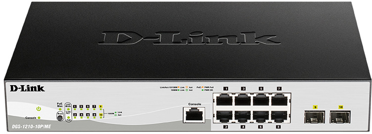 D-Link DGS-1210-10P/ME/B1A Управляемый L2 коммутатор с 8 портами 10/100/1000Base-T и 2 портами 1000Base-X SFP (8 портов PoE 802.3af/at, PoE-бюджет 78 Вт)