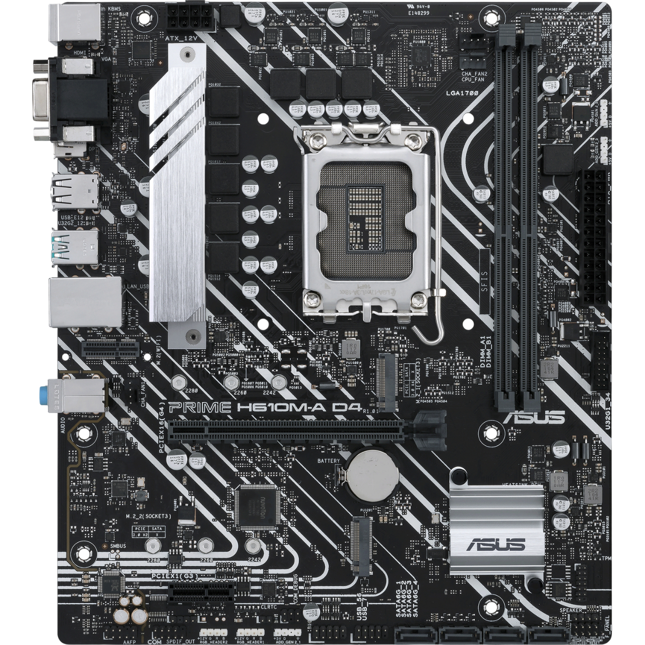 ASUS PRIME H610M-A D4-CSM (Socket 1700, mATX, 2xDDR4(64GB), VGA/DP/HDMI, 1xPCIe 4.0x16/1xPCIe 3.0, 1xLAN, 4xSATA 6Gb/s, 2xM.2, 1xM.2 E key, 2xUSB 3.2, 4xUSB 2.0, 2xPS/2)