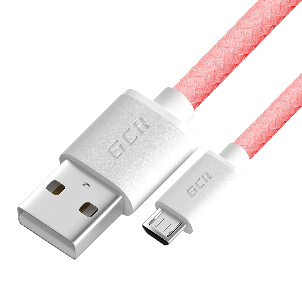 GCR PRO Кабель 1.5m MicroUSB, быстрая зарядка, медь, розовый, в оплетке нейлон
