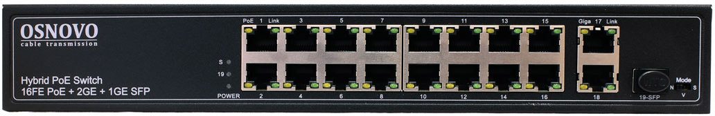Коммутатор/ OSNOVO PoE коммутатор FE, 16 *10/100 Base-T с PoE, 2 x GE Uplink (RJ45), 1 x GE SFP Uplink, мощность PoE на порт до 30W, суммарно PoE до 292W