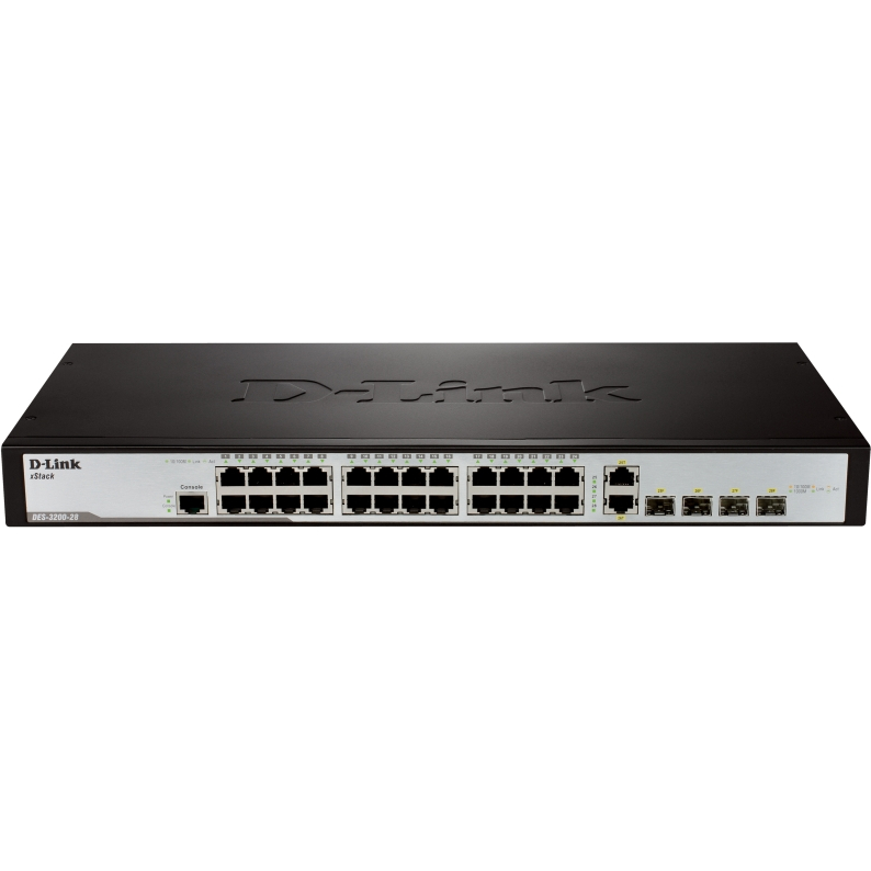 D-Link DES-3200-28_RFB/B1 Восстановленный в производственных условиях управляемый L2 коммутатор с 24 портами 10/100Base-TX, 2 портами 100/1000Base-X SFP и 2 комбо-портами 100/1000Base-T/SFP.
