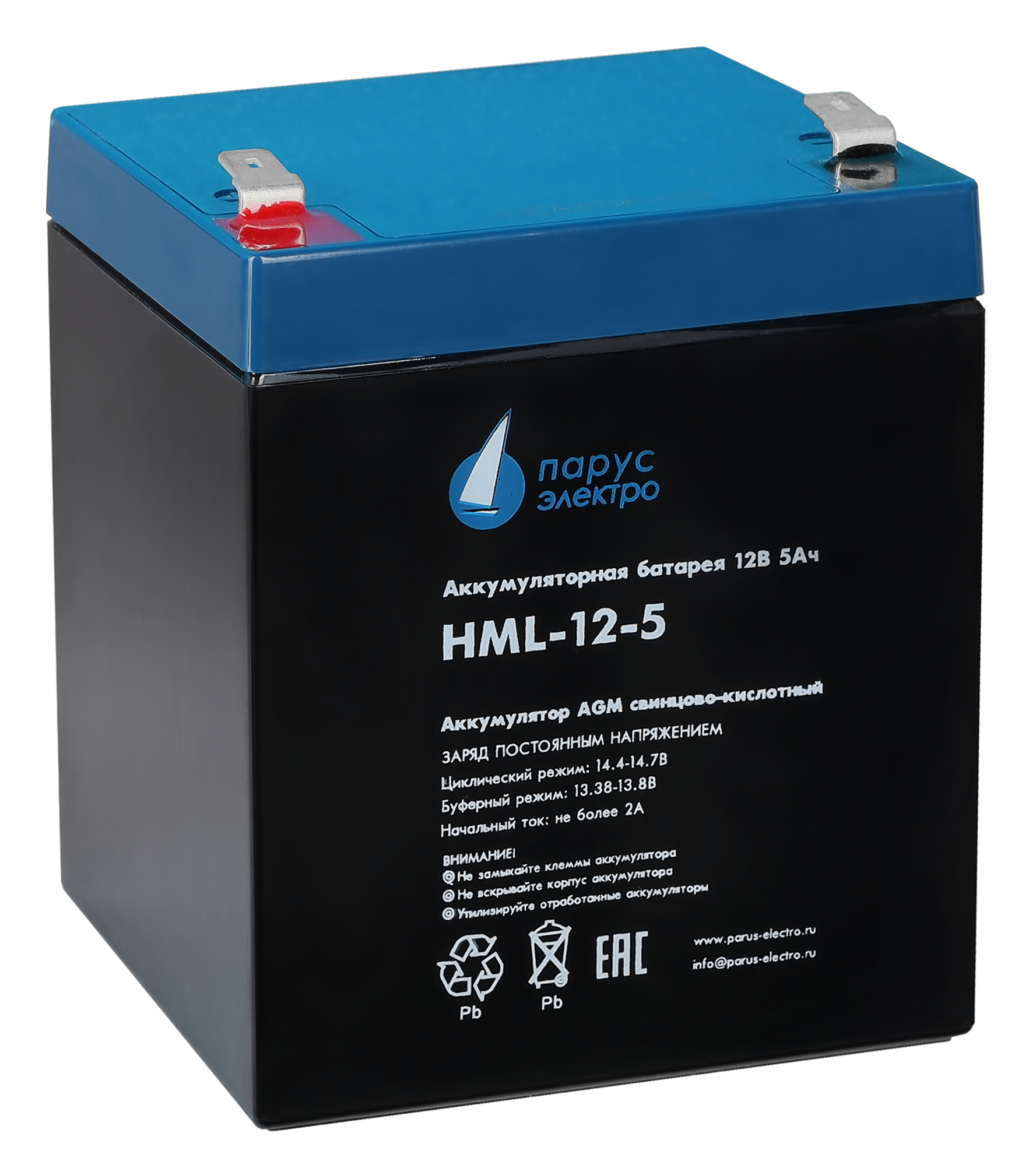 Battery Parus Electro, professional series HML-12-5, voltage 12V, capacity 5.2Ah (discharge 20 hours), max. discharge current (5sec) 75A, max. charge current 2A, lead-acid type AGM, terminals F2, LxWxH 90x70x101mm., total height with terminals 107mm., weight 1.95kg., service life 12 years.