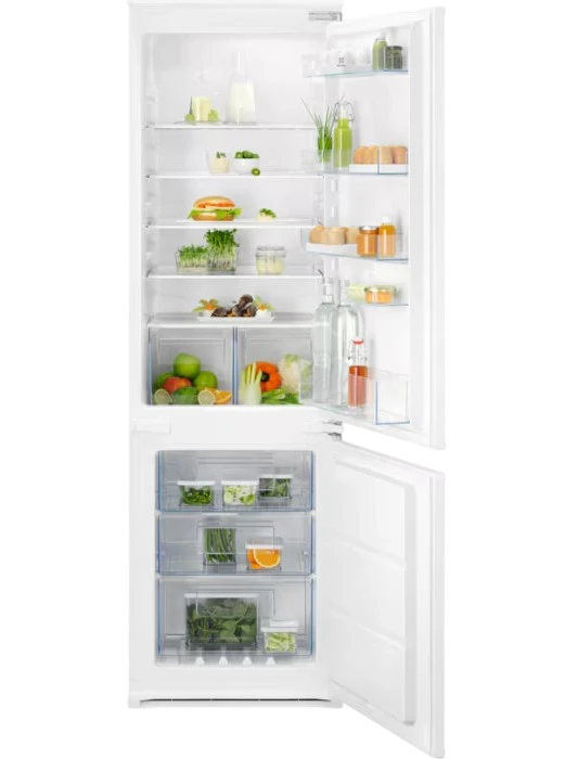 Встраиваемые холодильники ELECTROLUX/ Холодильник комбинированный,скользящие направляющие, полный No Frost, электронное управление, класс B, полезный объём: 195 л (133 + 62 л), перенавешиваемые двери, лоток для яиц, 54x54.9x177.2 см, белый