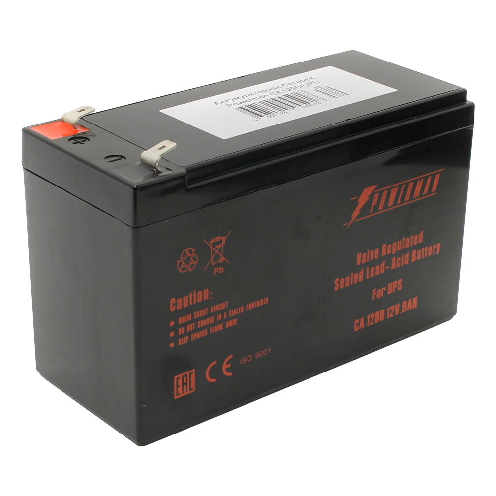 Батарея POWERMAN Battery CA1290, напряжение 12В, емкость 9Ач,макс. ток разряда 135А, макс. ток заряда 2.7А, свинцово-кислотная типа AGM, тип клемм F2, Д/Ш/В 151/65/94, 2.51 кг./ Battery POWERMAN Battery CA1290, voltage 12V, capacity 9Ah, max. discharge current 135A, max. charge current 2.7A, lead-acid type AGM, type of terminals F2, 151mm x 65mm x 94mm, 2.51 kg.
