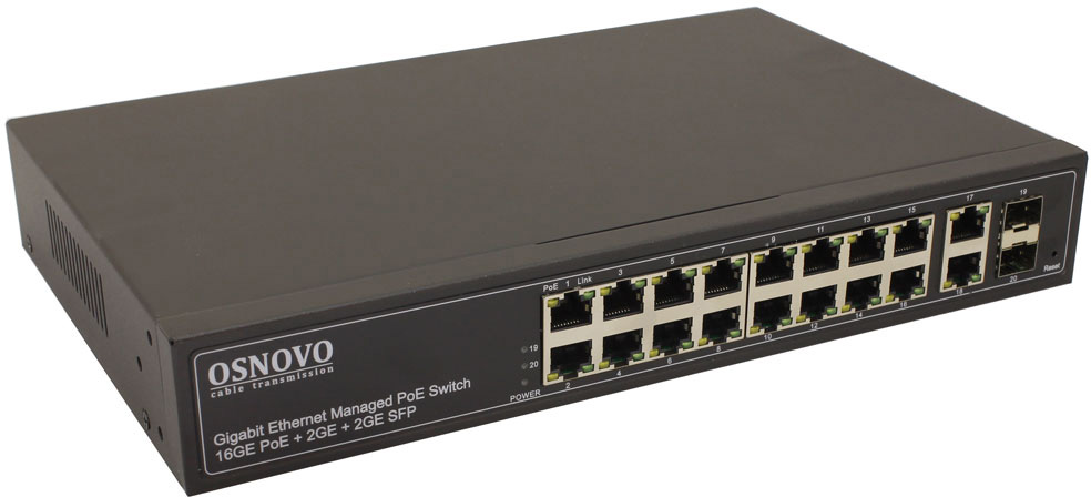 Коммутатор/ OSNOVO Управляемый L2 PoE коммутатор Gigabit Ethernet на 16 RJ45 PoE + 2 x RJ45 + 2 GE SFP портов, до 30W на порт, суммарно до 300W