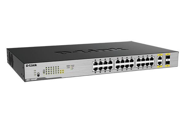 D-Link DGS-1026MP/B2A Неуправляемый коммутатор с 24 портами 10/100/1000Base-T, 2 комбо-портами 100/1000Base-T/SFP (24 порта PoE 802.3af/at, PoE-бюджет 370 Вт)
