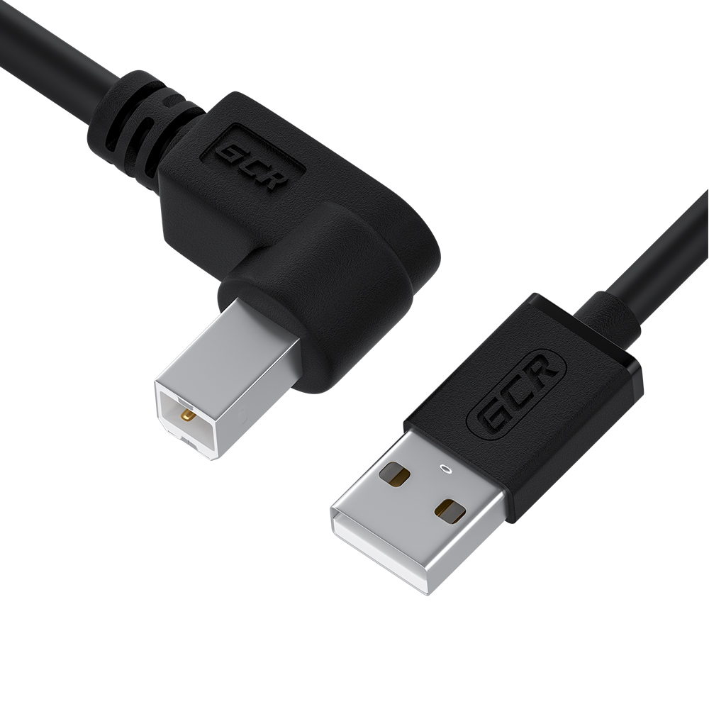 GCR PRO Кабель 1.5m USB 2.0 AM/BM угловой правый, черный, 28/24 AWG, медь, морозостойкий