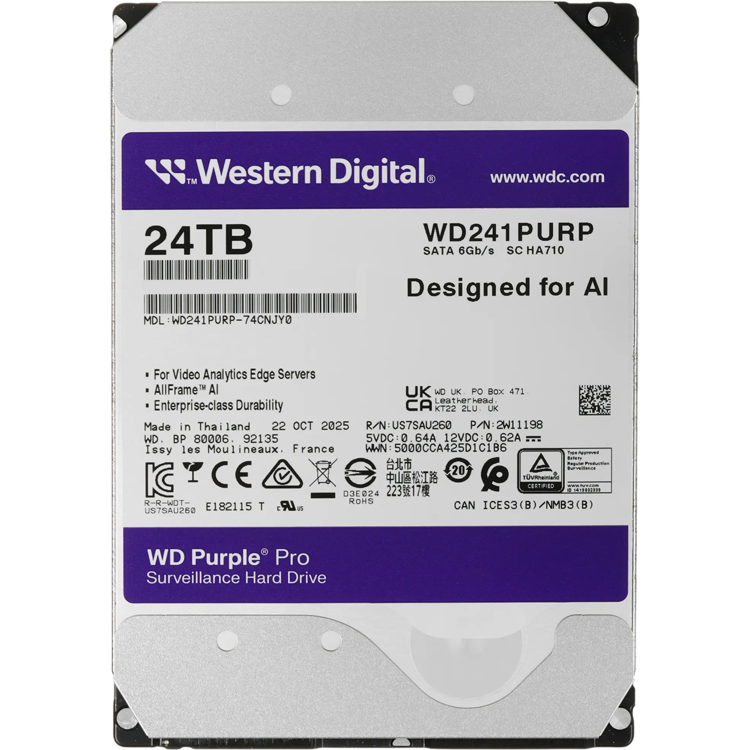 24TB WD Purple Pro (WD241PURP) {Serial ATA III, 7200- rpm, 512Mb, 3.5"}