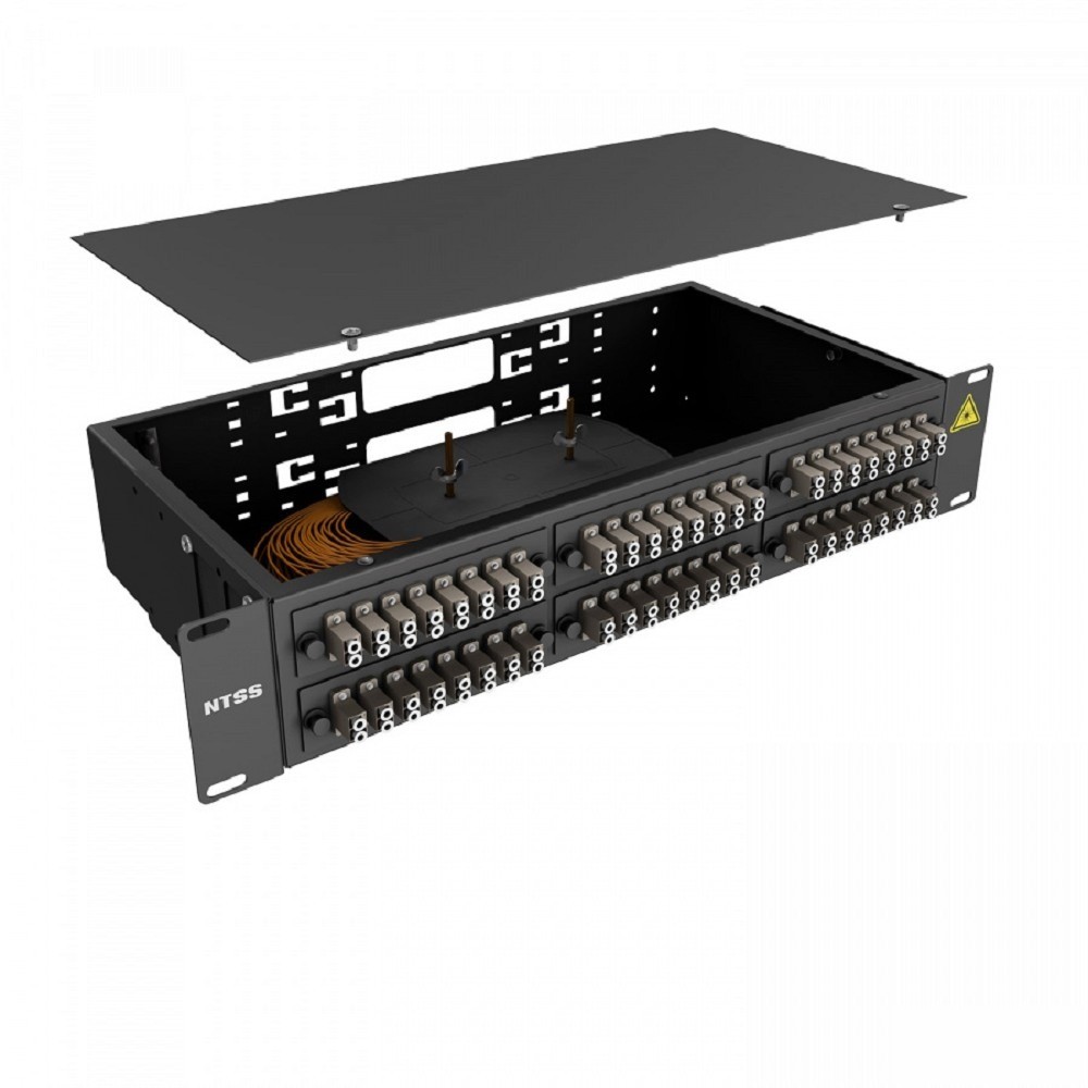 NTSS Кросс 19" NTSS PREMIUM, предсобранный 2U, 48 портов LC/UPC duplex, 50/125 мкм, (розетки, сплайс 3шт, КДЗС, пигтейлы), черный, RAL9005 NTSS-RFOB-PM-2U-48-2LC/U-50-SP1.5G1A-BL
