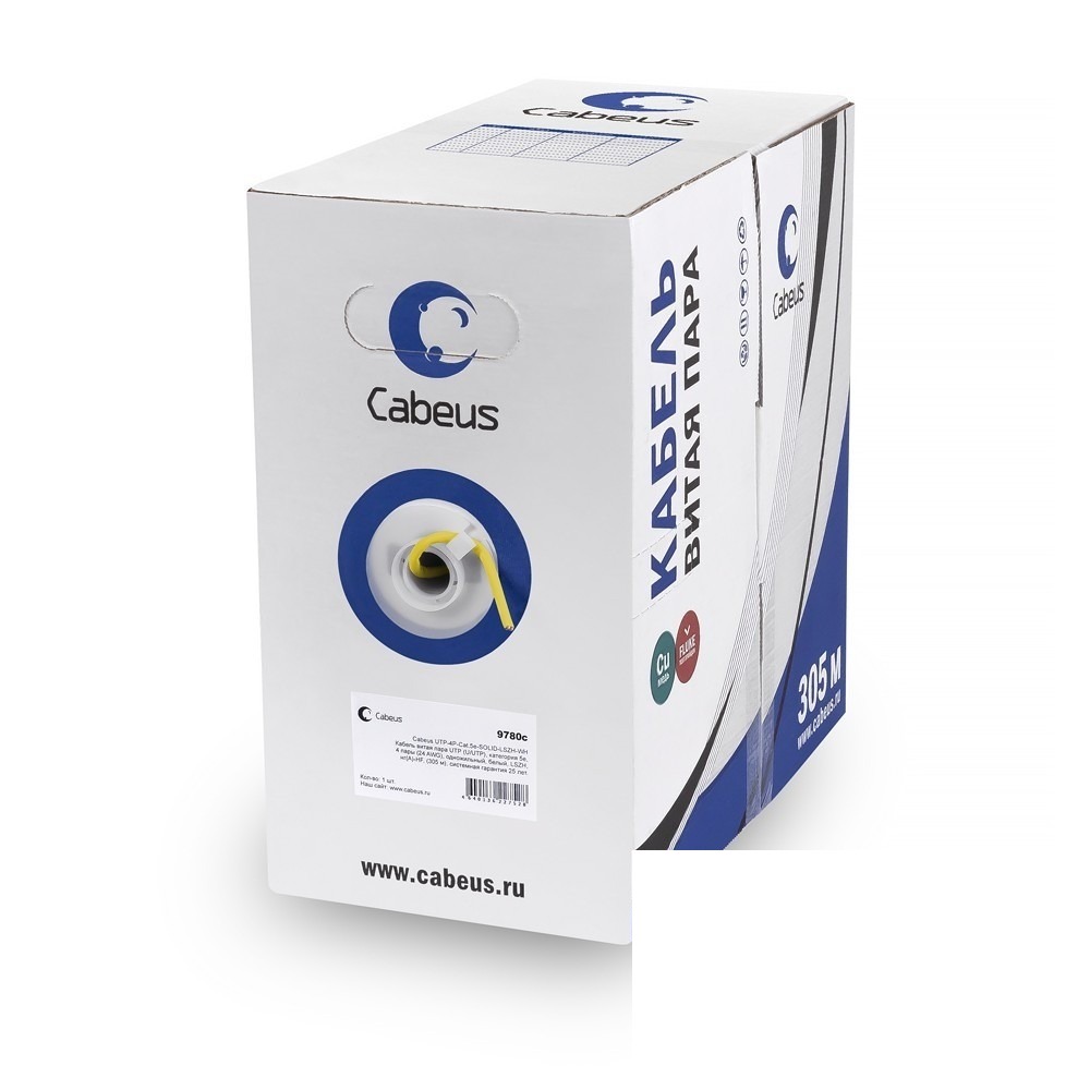 Cabeus UTP-4P-Cat.5e-SOLID-LSZH-YL Кабель витая пара UTP (U/UTP), категория 5e, 4 пары (24 AWG), одножильный, желтый, LSZH, нг(А)-HF, (305 м)