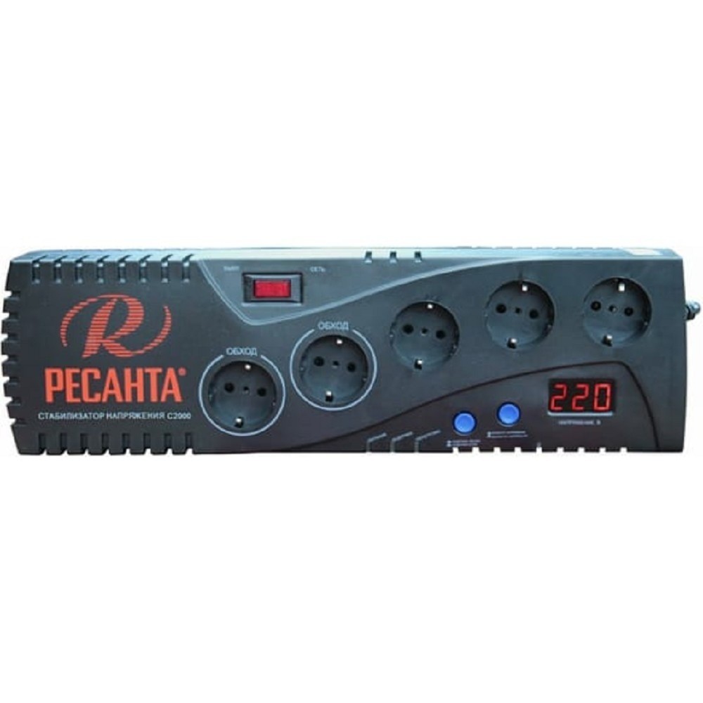 Ресанта С-2000 63/6/34 (16694) Стабилизатор {5 розеток -(3/2), 2000 Вт, 220В±8% + защита RJ11, Вес 4,2 кг}