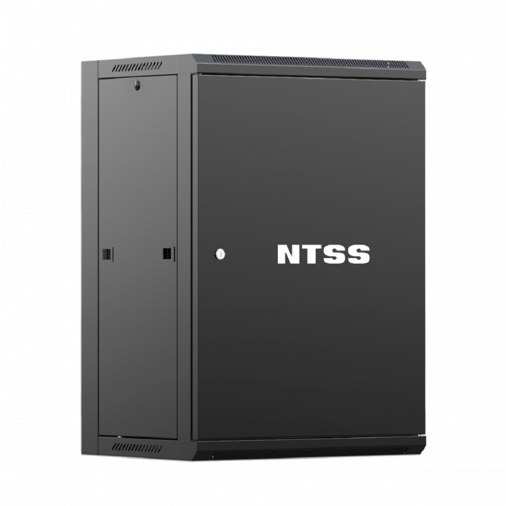 NTSS Шкаф настенный телекоммуникационный NTSS W 18U 600х600х964мм, 2 профиля 19, дверь сплошная металл, боковые стенки съемные, разобранный, черный RAL 9005 NTSS-W18U6060FD-BL