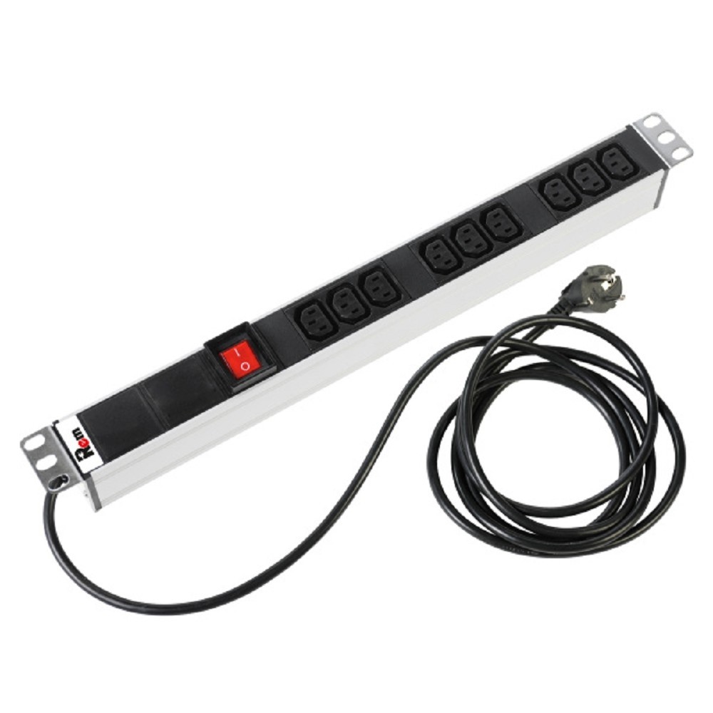 REM Блок розеток Rem-16 с выкл., 9 IEC 60320 C13, 16A, алюм., 19", шнур 3 м. (R-16-9C13-V-440-3)