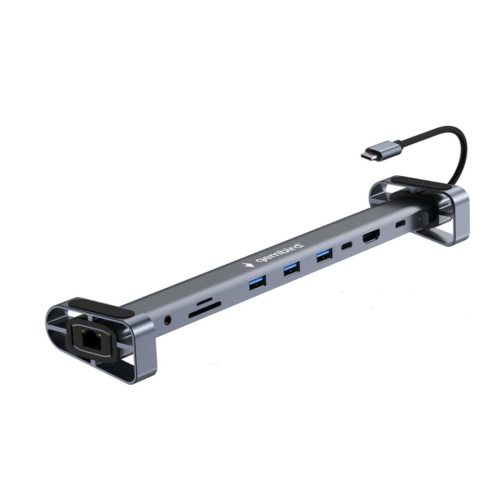 Gembird Док-станция Type-C,10 в 1:3xUSB3.1, PD87W, Jack, SD/TF, HDMI, RJ45, Type-C, кабель14см (UHB-D5)
