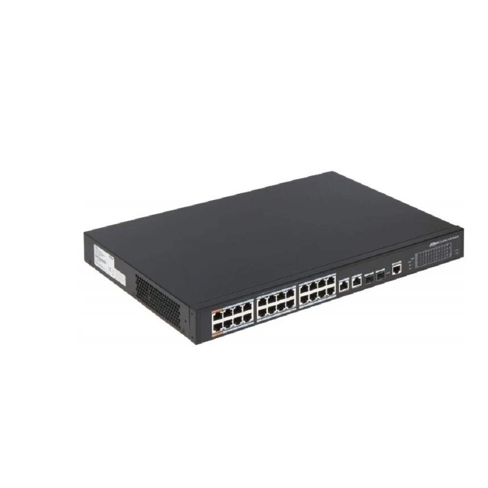 DAHUA DH-PFS4226-24ET-360 26-портовый управляемый коммутатор с РоЕ, уровень L2, 24xRJ45 100Mb PoE, 2хКомбо SFP/RJ45 1Gb uplink, суммарно 360Вт, коммутация 8.8 Гбит/с, MAC-таблица 4К