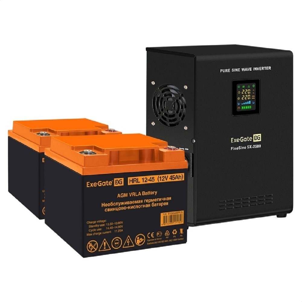 Exegate EX296614RUS Комплект ИБП EX296002RUS + батарея 45Ач EX285666RUS 2шт (инвертор, синус, для котла, настенный) FineSine SX-2500.LCD.AVR.2SH