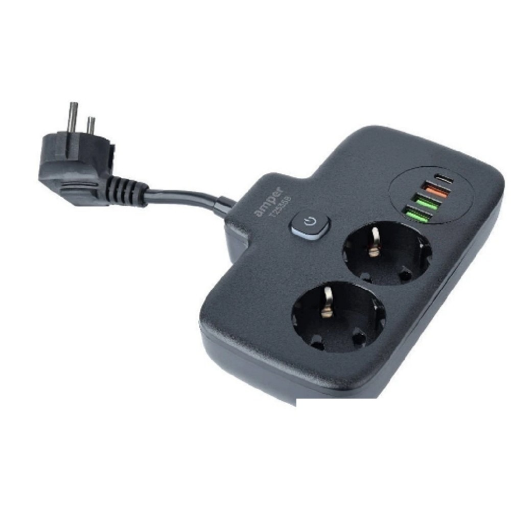 Amper сетевой удлинитель, 0,2м, 2 розетки, 3*0,75мм, 10А, 2500 Вт, 3usb, 1Type-C, 1кн, черный. [T2535B]