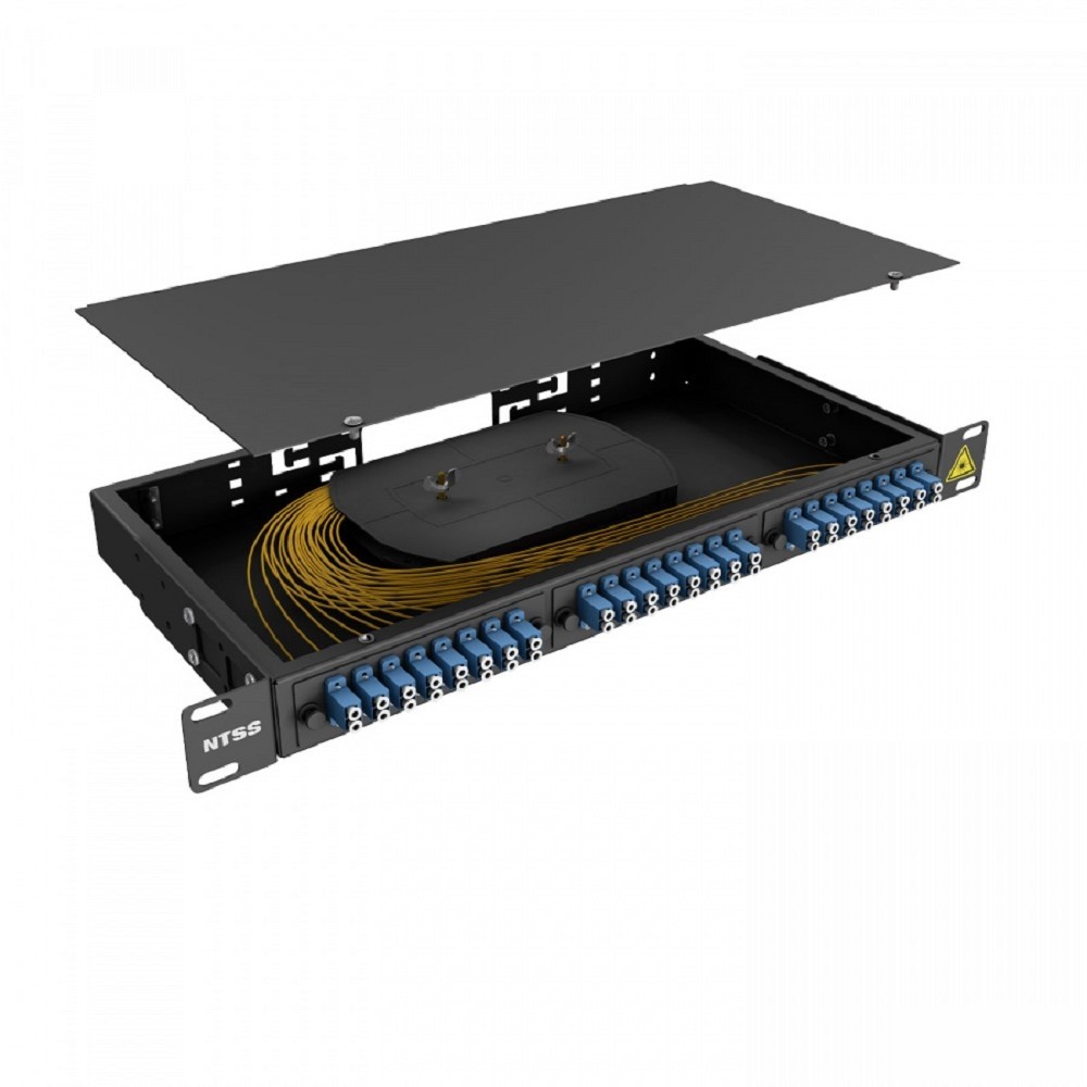 NTSS Кросс 19" NTSS PREMIUM, предсобранный 1U, 2 порта LC/UPC duplex, 9/125 мкм, (сплайс, пигтейлы, кдзс, планки, адаптеры), черный, RAL9005 NTSS-RFOB-PM-1U-2-2LC/U-9-SP1.5G1A-BL