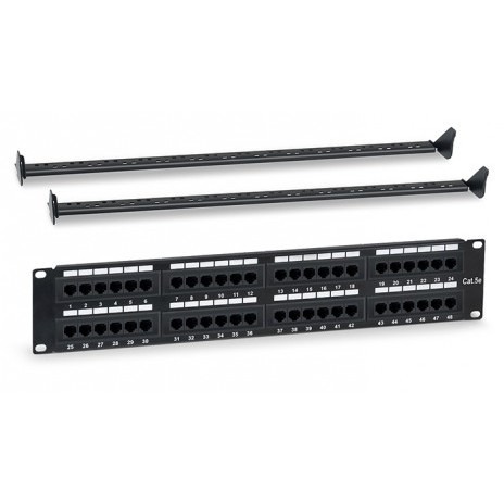 WRline Патч-панель 19" (2U), 48 портов RJ-45, категория 5e, Dual IDC, с задним кабельным организатором, цвет черный