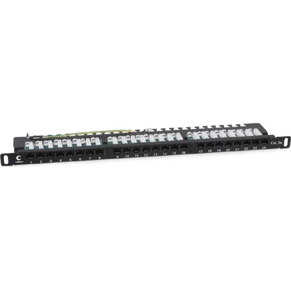 Cabeus PLHD-24-Cat.5e-Dual-90-0,5U Патч-панель высокой плотности 19" (0,5U), 24 порта RJ-45, категория 5e, Dual IDC, 90 градусов, с задним кабельным организатором