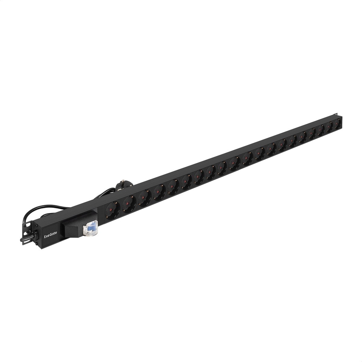 Exegate EX296173RUS Блок розеток вертикальный ExeGate ServerPro PDU-V201 Al-20S-EU3-1P (19", 1U, Алюминий,20 Schuko, кабель с евровилкой VDE-250V-16A-3*2.5mm2, 3 метра, автомат защиты, черный, RTL)